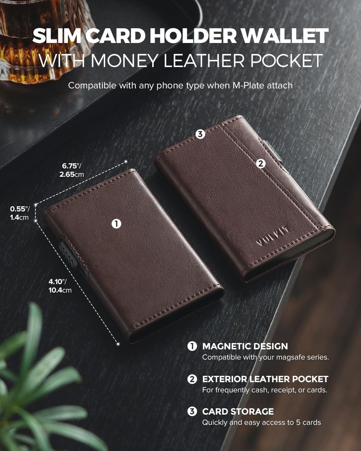 image:imageVULKIT Magnetic Wallet Card Holder Phone Card Holders Slim Leather Pop Up Case NFCRFID Blocking Compatible with iPhone 1615141312 Series Royal GreenEspresso