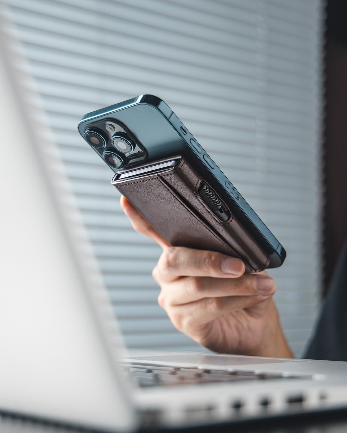 image:imageVULKIT Magnetic Wallet Card Holder Phone Card Holders Slim Leather Pop Up Case NFCRFID Blocking Compatible with iPhone 1615141312 Series Royal GreenEspresso