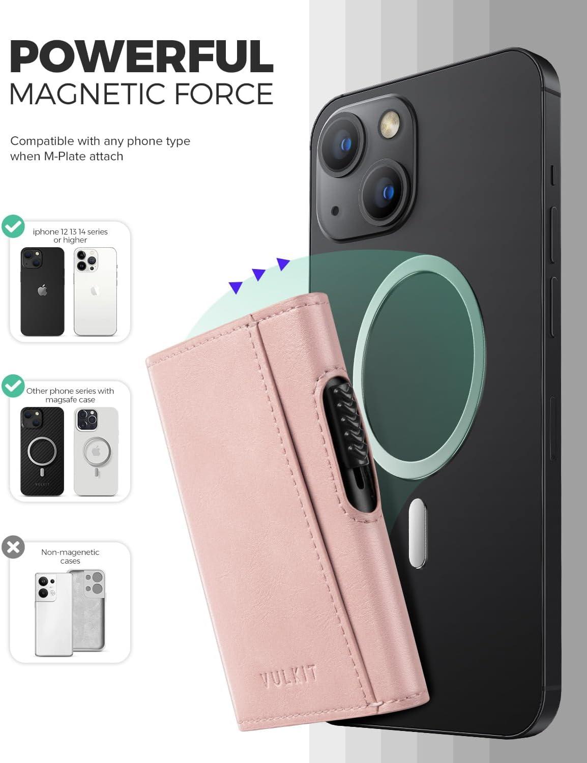 image:imageVULKIT Magnetic Wallet Card Holder Phone Card Holders Slim Leather Pop Up Case NFCRFID Blocking Compatible with iPhone 1615141312 Series Royal GreenPink