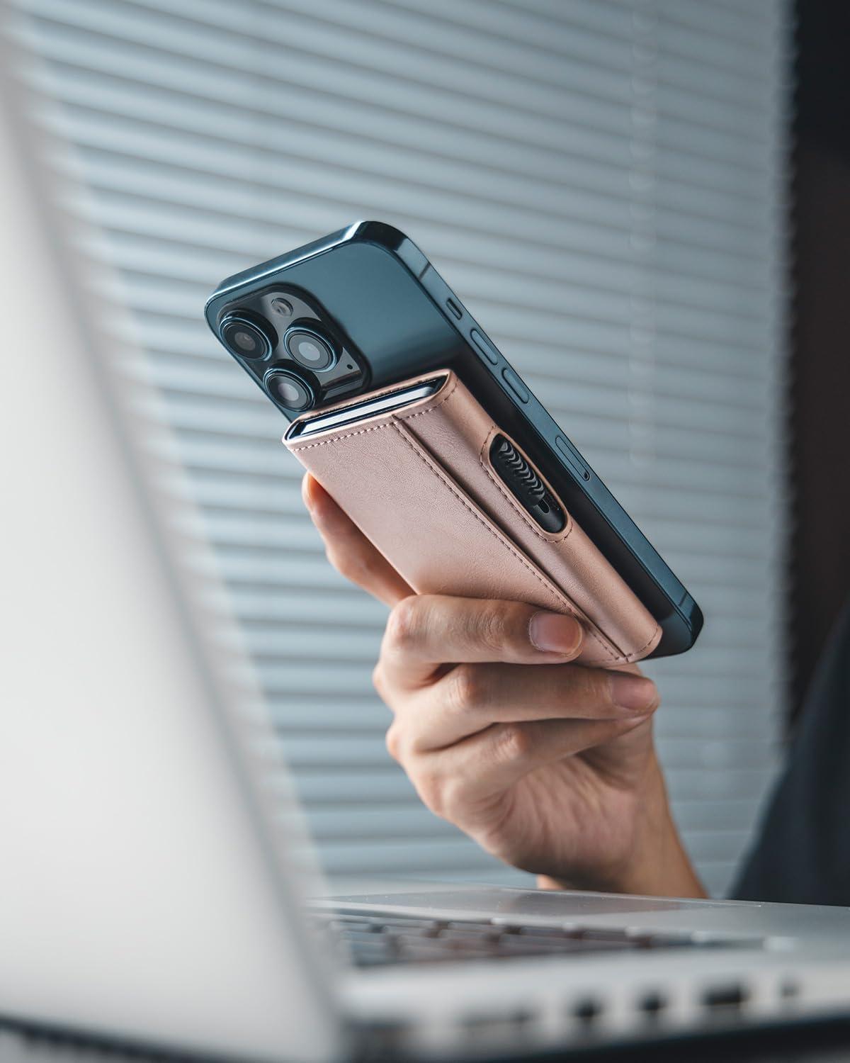 image:imageVULKIT Magnetic Wallet Card Holder Phone Card Holders Slim Leather Pop Up Case NFCRFID Blocking Compatible with iPhone 1615141312 Series Royal GreenPink
