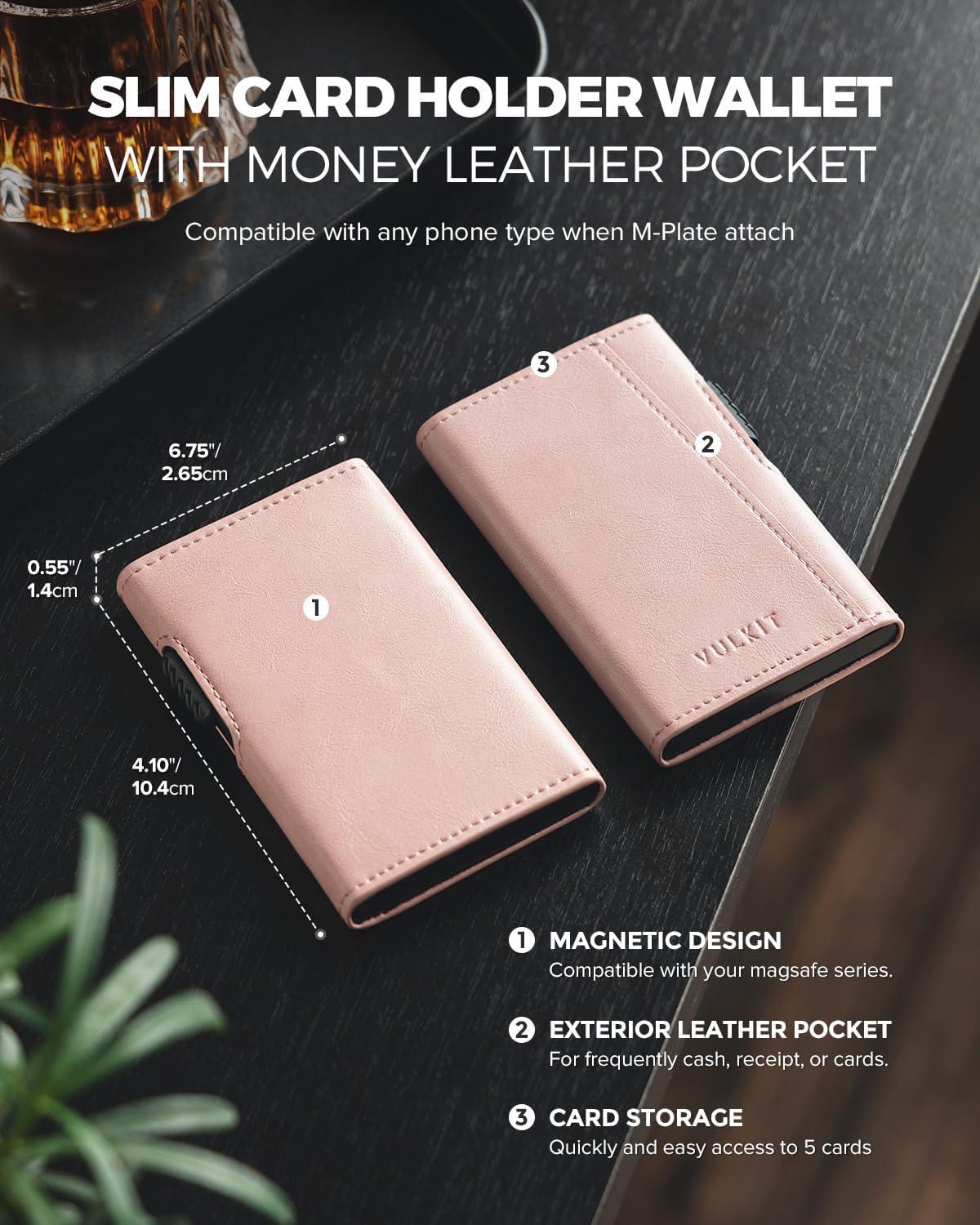 image:imageVULKIT Magnetic Wallet Card Holder Phone Card Holders Slim Leather Pop Up Case NFCRFID Blocking Compatible with iPhone 1615141312 Series Royal GreenPink