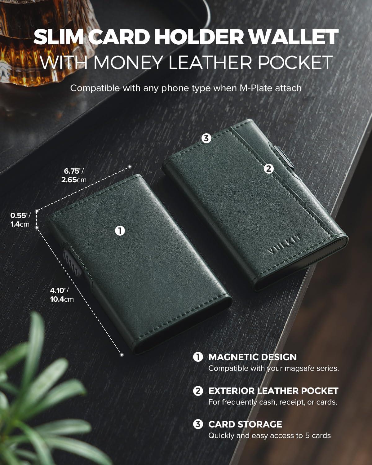 image:imageVULKIT Magnetic Wallet Card Holder Phone Card Holders Slim Leather Pop Up Case NFCRFID Blocking Compatible with iPhone 1615141312 Series Royal GreenRoyal Green