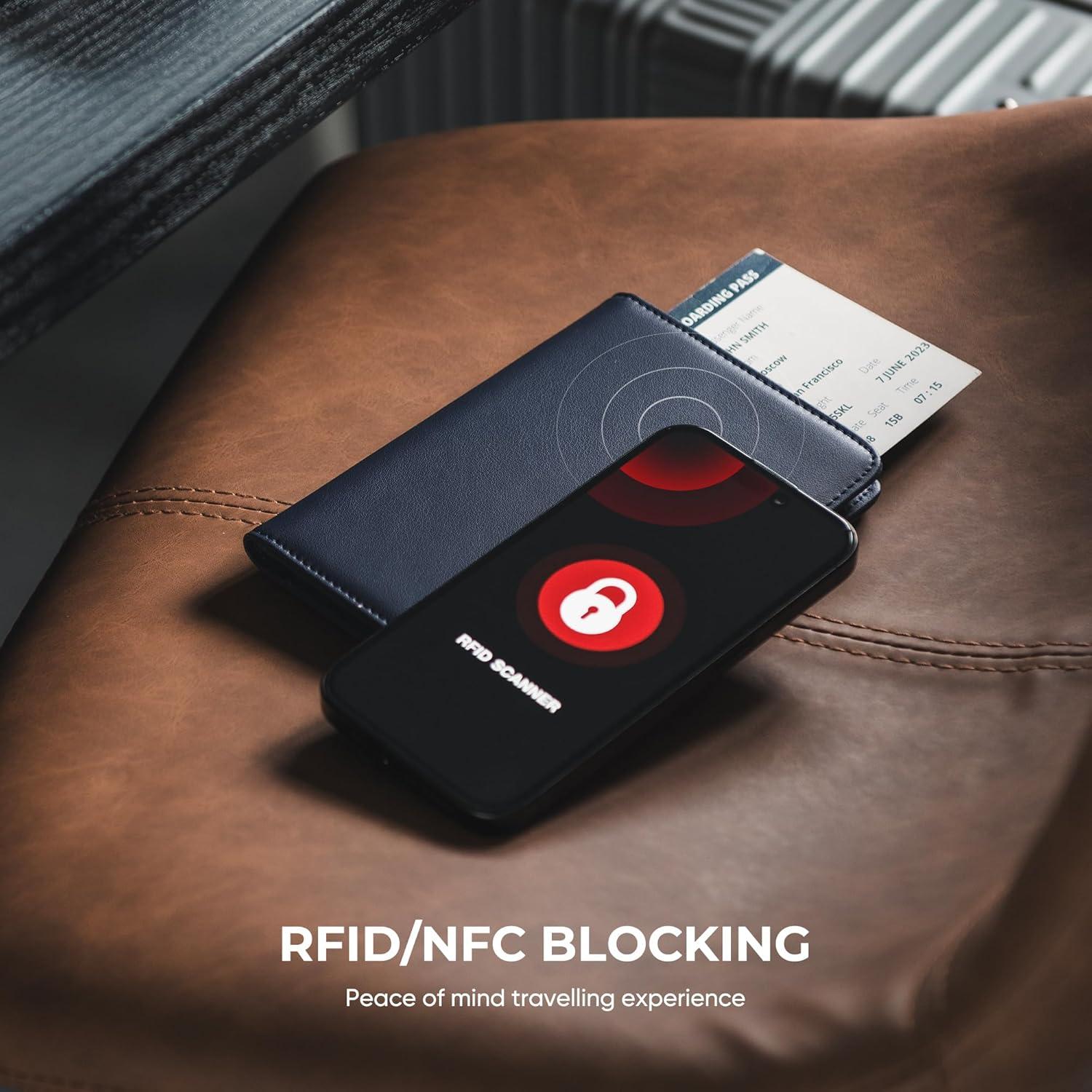 image:imageVULKIT Passport Holder with Airtag Slot Premium Nappa Leather RFID Blocking Airtag Passport WalletNappa Navy