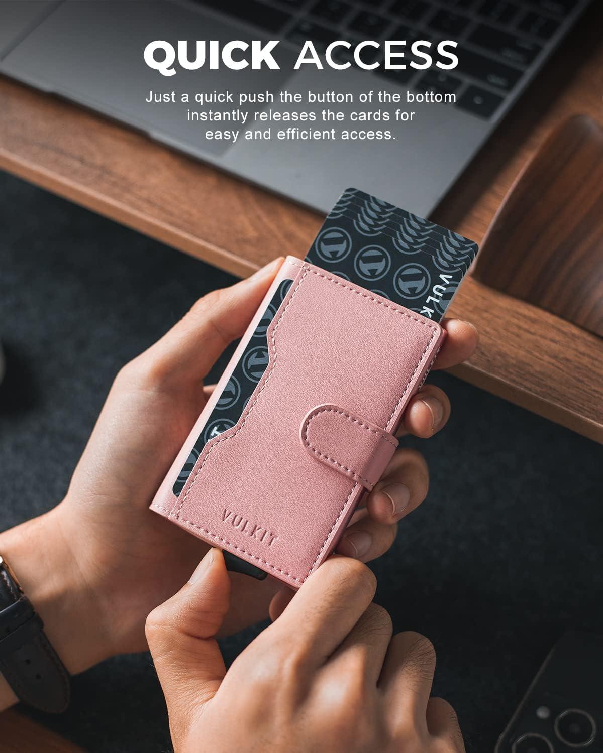 image:imageVULKIT Slim Bifold Pop up Wallet Minimalist Leather Card Holder RFID Blocking Metal Card Case with ID Window for Women with Leather Slots RFID Blocking Slim Metal Card CaseRose