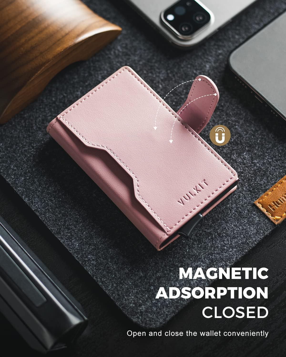 image:imageVULKIT Slim Bifold Pop up Wallet Minimalist Leather Card Holder RFID Blocking Metal Card Case with ID Window for Women with Leather Slots RFID Blocking Slim Metal Card CaseRose