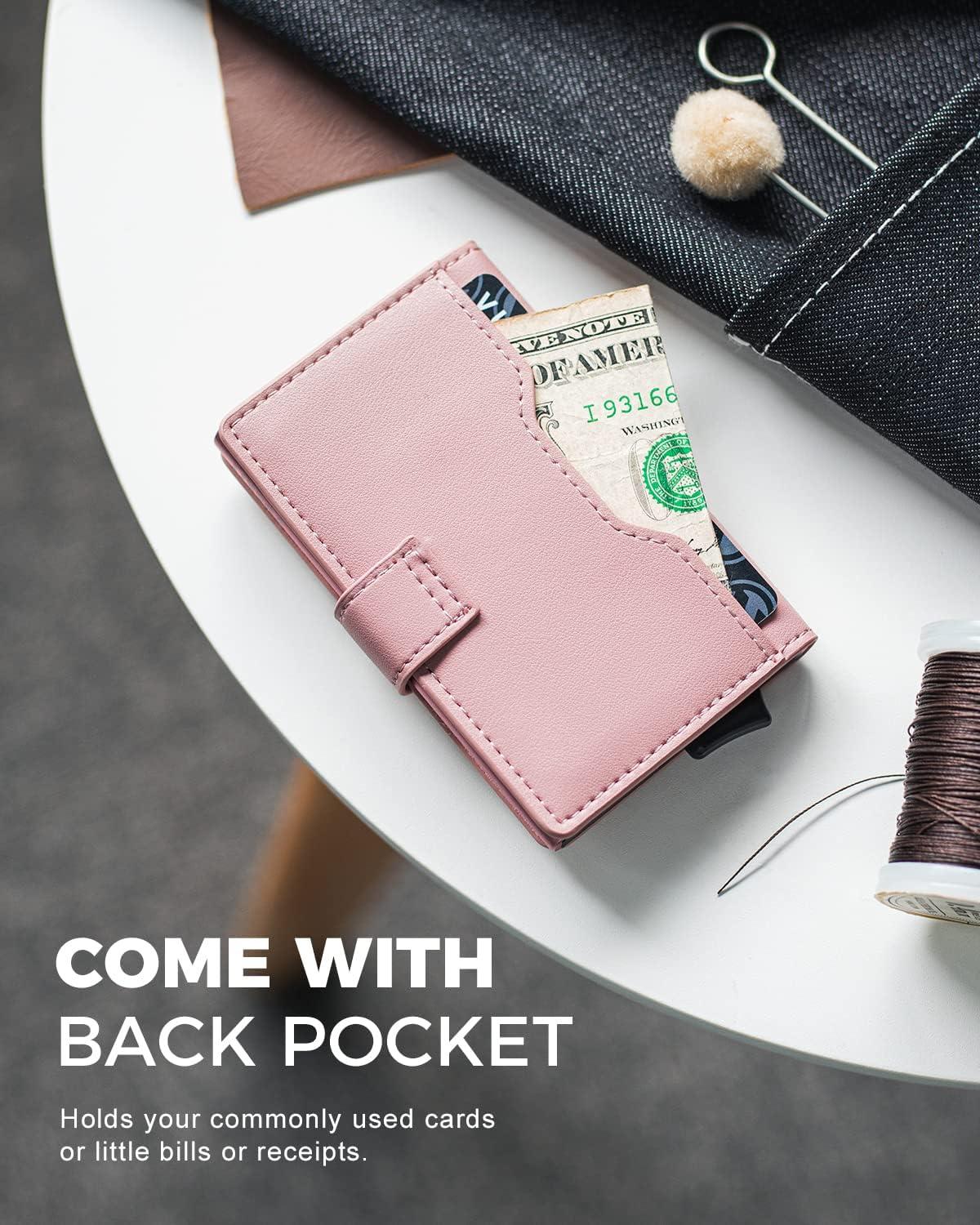 image:imageVULKIT Slim Bifold Pop up Wallet Minimalist Leather Card Holder RFID Blocking Metal Card Case with ID Window for Women with Leather Slots RFID Blocking Slim Metal Card CaseRose