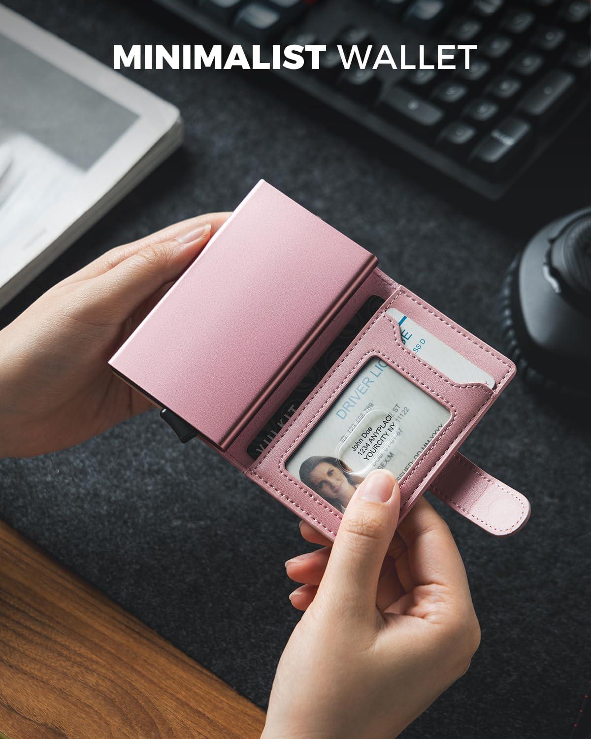 image:imageVULKIT Slim Bifold Pop up Wallet Minimalist Leather Card Holder RFID Blocking Metal Card Case with ID Window for Women with Leather Slots RFID Blocking Slim Metal Card CaseRose