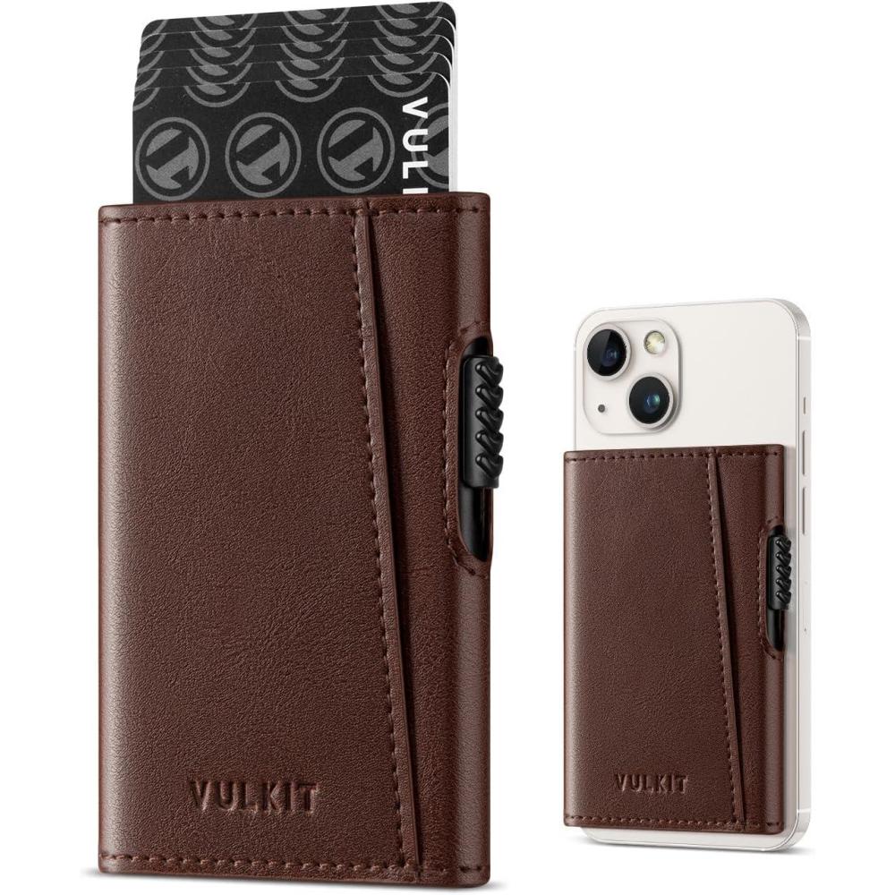 image:imageVULKIT Magnetic Wallet Card Holder Phone Card Holders Slim Leather Pop Up Case NFCRFID Blocking Compatible with iPhone 1615141312 Series Royal GreenBrown
