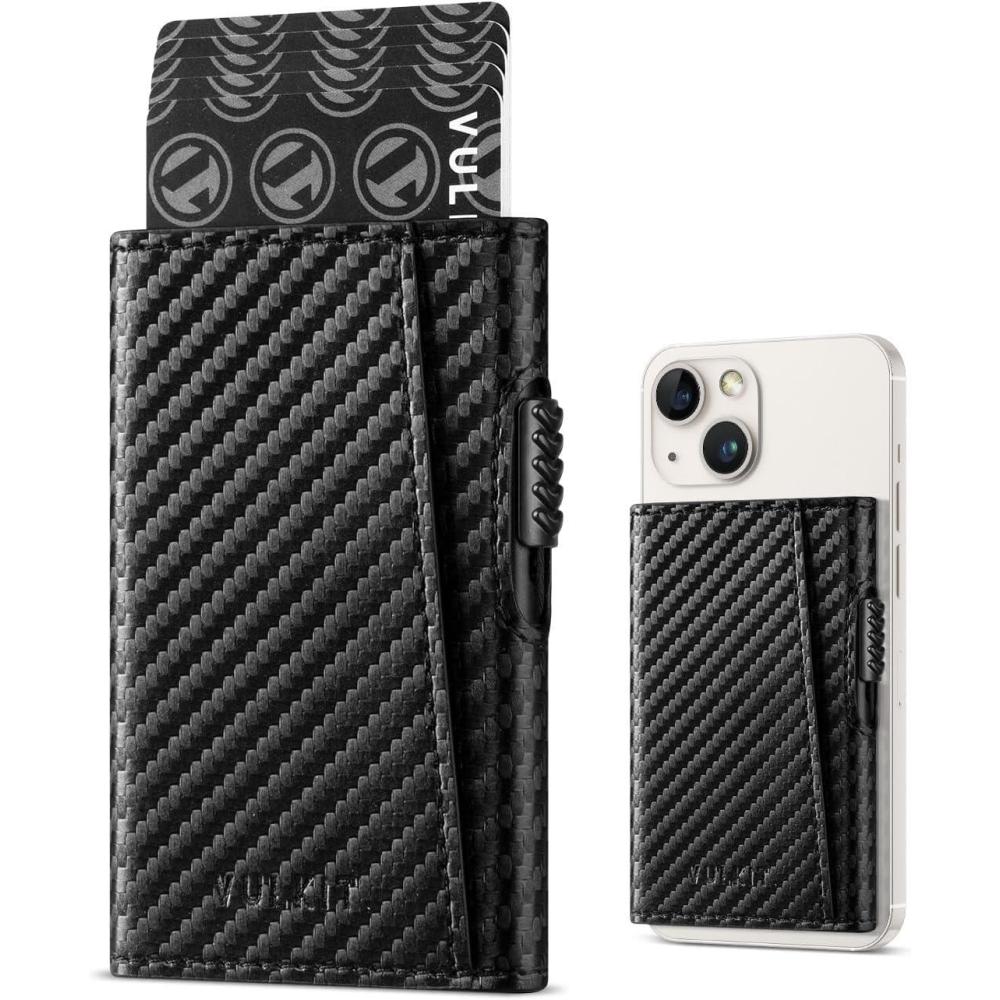 image:imageVULKIT Magnetic Wallet Card Holder Phone Card Holders Slim Leather Pop Up Case NFCRFID Blocking Compatible with iPhone 1615141312 Series Royal GreenCarbon Fiber Black