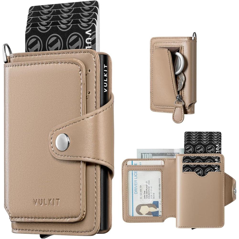 image:imageVULKIT Pop Up Card Holder Wallet for Women with Zipper Coin Pocket RFID Blocking Credit Card Case Holds 8 Cards Cash Compartment ID WindowKhaki