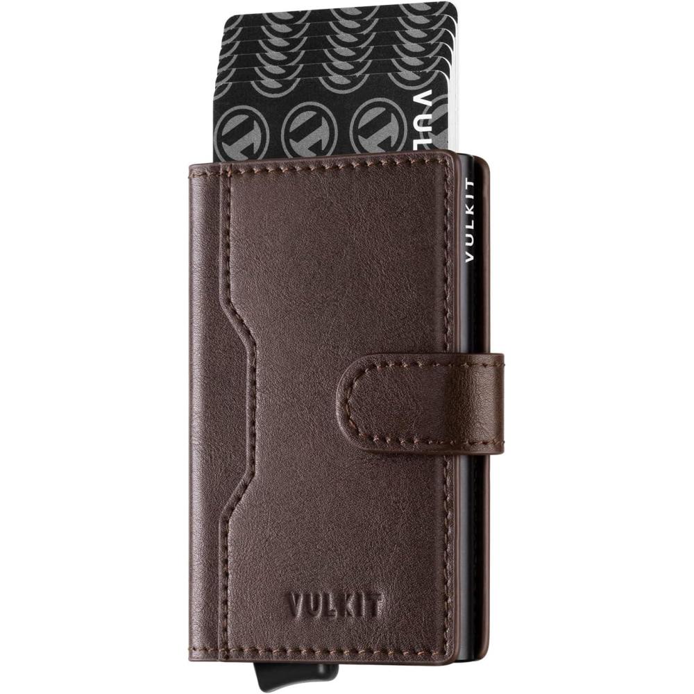 image:imageVULKIT Slim Bifold Pop up Wallet Minimalist Leather Card Holder RFID Blocking Metal Card Case with ID Window for Women  with Leather Slots RFID Blocking Slim Metal Card CaseDark Brown
