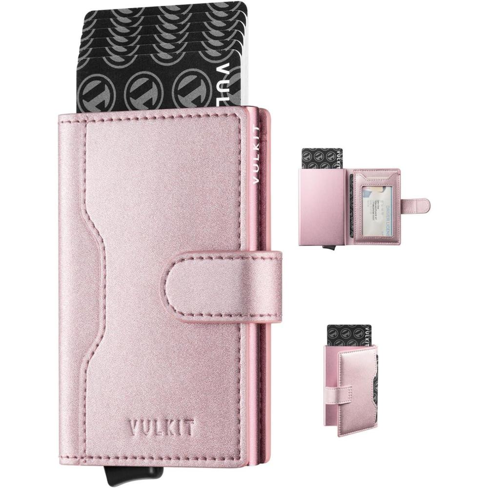 image:imageVULKIT Slim Bifold Pop up Wallet Minimalist Leather Card Holder RFID Blocking Metal Card Case with ID Window for Women  with Leather Slots RFID Blocking Slim Metal Card CaseBling Rose
