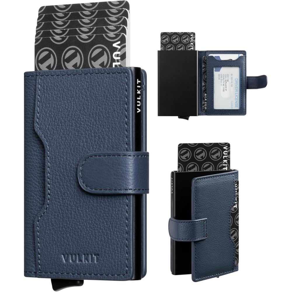 image:imageVULKIT Slim Bifold Pop up Wallet Minimalist Leather Card Holder RFID Blocking Metal Card Case with ID Window for Women  with Leather Slots RFID Blocking Slim Metal Card CaseTop Genuine Navy