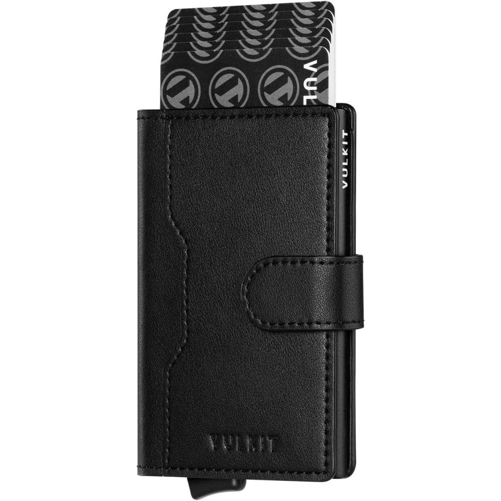 image:imageVULKIT Slim Bifold Pop up Wallet Minimalist Leather Card Holder RFID Blocking Metal Card Case with ID Window for Women with Leather Slots RFID Blocking Slim Metal Card CaseBlack