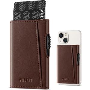 VULKIT Magnetic Wallet Card Holder Phone Card Holders Slim Leather Pop Up Case NFC/RFID Blocking, Compatible with iPhone 16/15/14/13/12 Series Royal Green(Brown)