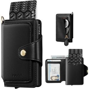 VULKIT Pop Up Card Holder Wallet for Women with Zipper Coin Pocket, RFID Blocking Credit Card Case, Holds 8+ Cards, Cash Compartment, ID Window(Black)