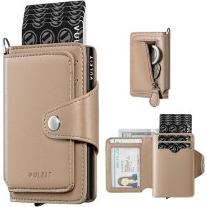 VULKIT Pop Up Card Holder Wallet for Women with Zipper Coin Pocket, RFID Blocking Credit Card Case, Holds 8+ Cards, Cash Compartment, ID Window(Khaki)