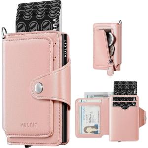VULKIT Pop Up Card Holder Wallet for Women with Zipper Coin Pocket, RFID Blocking Credit Card Case, Holds 8+ Cards, Cash Compartment, ID Window(Pink)