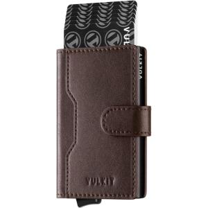VULKIT Slim Bifold Pop up Wallet Minimalist Leather Card Holder RFID Blocking Metal Card Case with ID Window for Women | with Leather Slots, RFID Blocking, Slim, Metal Card Case(Dark Brown)