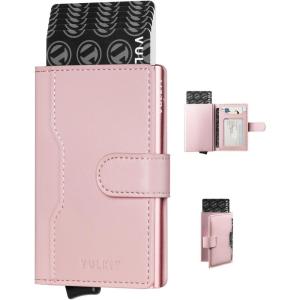 VULKIT Slim Bifold Pop up Wallet Minimalist Leather Card Holder RFID Blocking Metal Card Case with ID Window for Women | with Leather Slots, RFID Blocking, Slim, Metal Card Case(Rose)