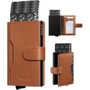 VULKIT Slim Bifold Pop up Wallet Minimalist Leather Card Holder RFID Blocking Metal Card Case with ID Window for Women | with Leather Slots, RFID Blocking, Slim, Metal Card Case(Top Genuine Brown)