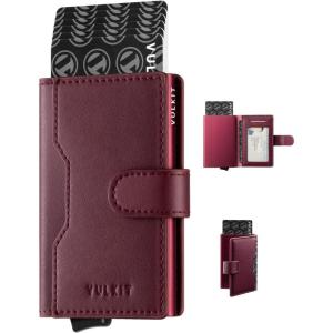 VULKIT Slim Bifold Pop up Wallet Minimalist Leather Card Holder RFID Blocking Metal Card Case with ID Window for Women | with Leather Slots, RFID Blocking, Slim, Metal Card Case(Wine)
