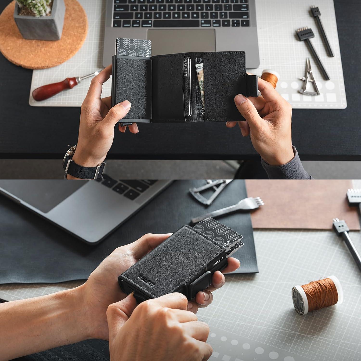 image:imageVULKIT Credit Card Holder RFID Blocking Genuine Leather Automatic Pop Up Wallet Magnetic Wallet Double Card Case for Men and Women Nappa Black