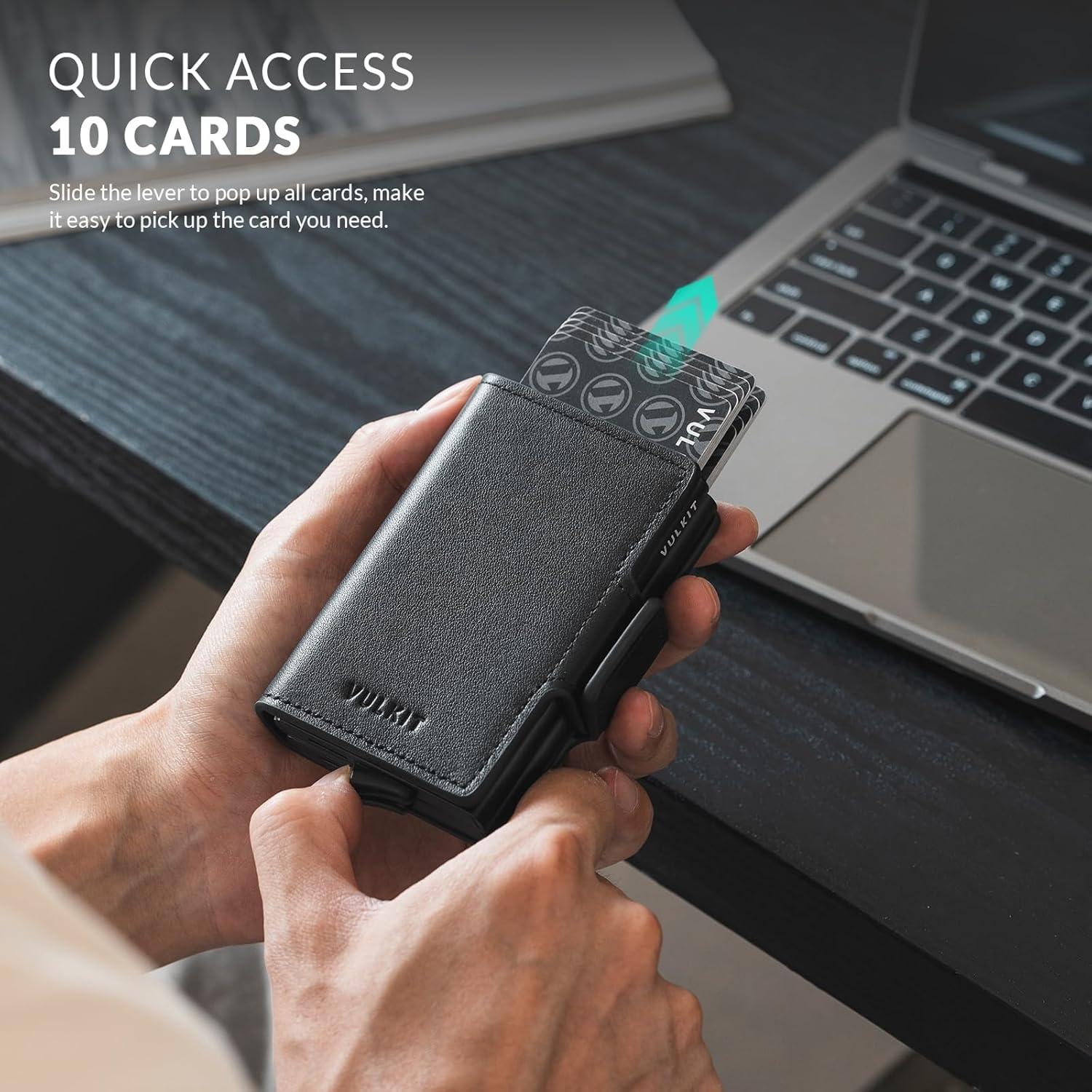 image:imageVULKIT Credit Card Holder RFID Blocking Genuine Leather Automatic Pop Up Wallet Magnetic Wallet Double Card Case for Men and Women Nappa Black