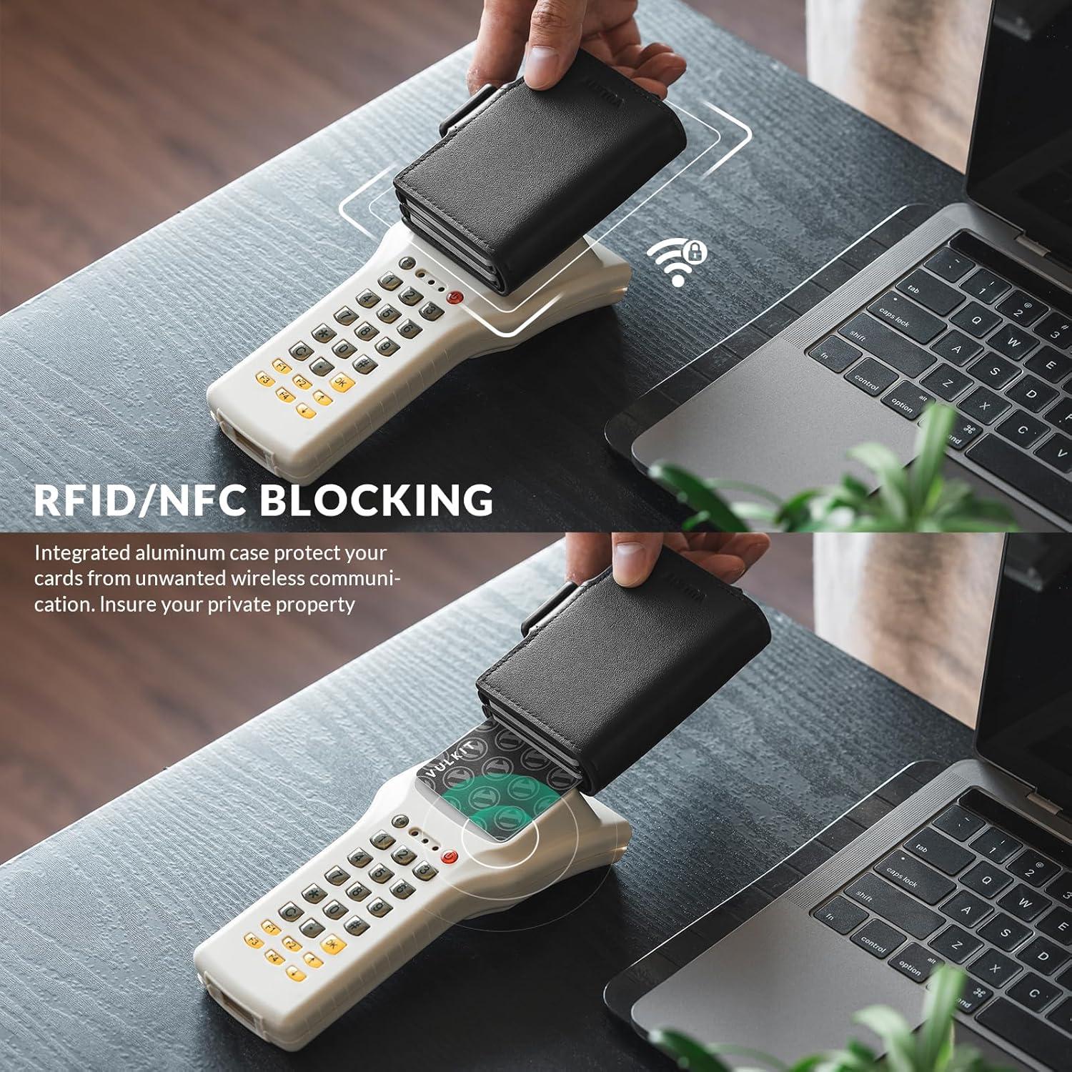 image:imageVULKIT Credit Card Holder RFID Blocking Genuine Leather Automatic Pop Up Wallet Magnetic Wallet Double Card Case for Men and Women Nappa Black