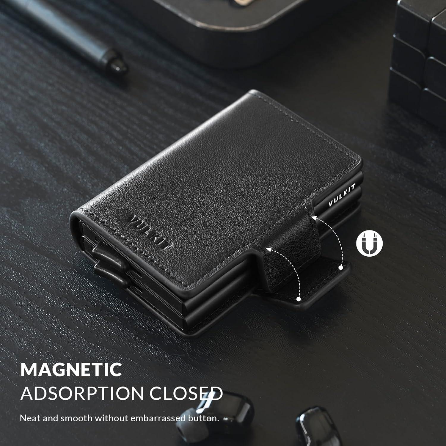 image:imageVULKIT Credit Card Holder RFID Blocking Genuine Leather Automatic Pop Up Wallet Magnetic Wallet Double Card Case for Men and Women Nappa Black