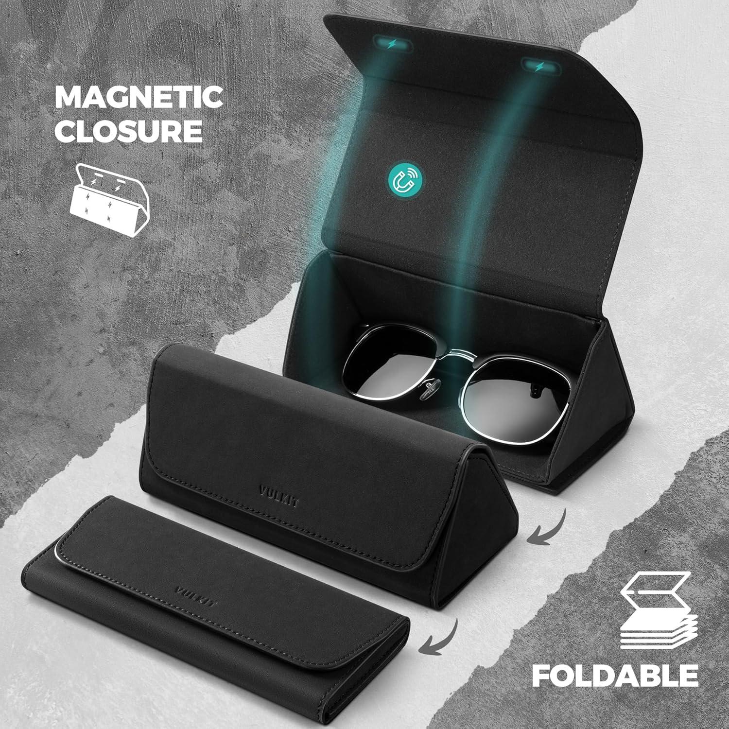 image:imageVULKIT Glasses Case Foldable amp Portable Design Leather Hard Shell Folding Eyeglass Holder for Mens WomensBlack