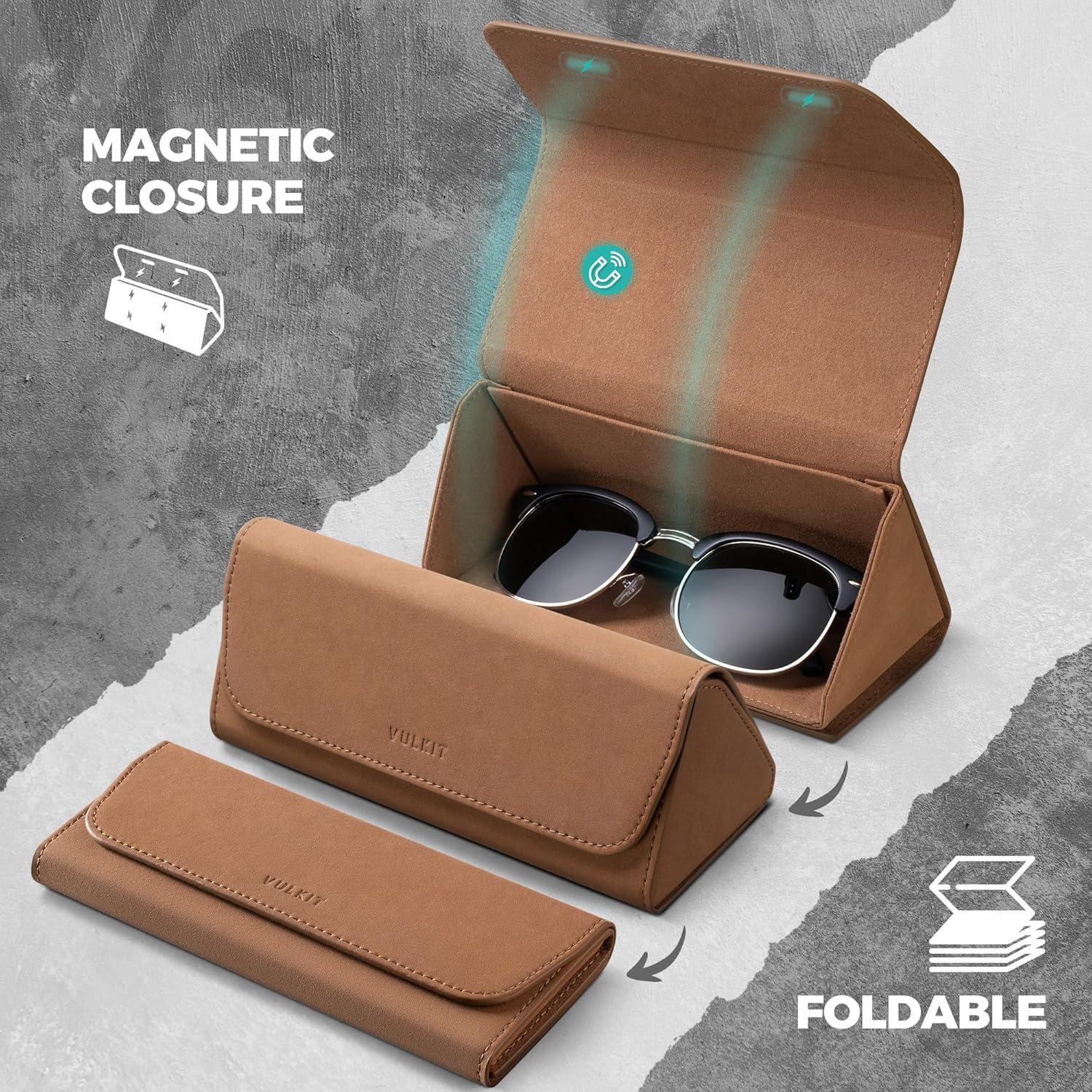 image:imageVULKIT Glasses Case Foldable amp Portable Design Leather Hard Shell Folding Eyeglass Holder for Mens WomensBrown