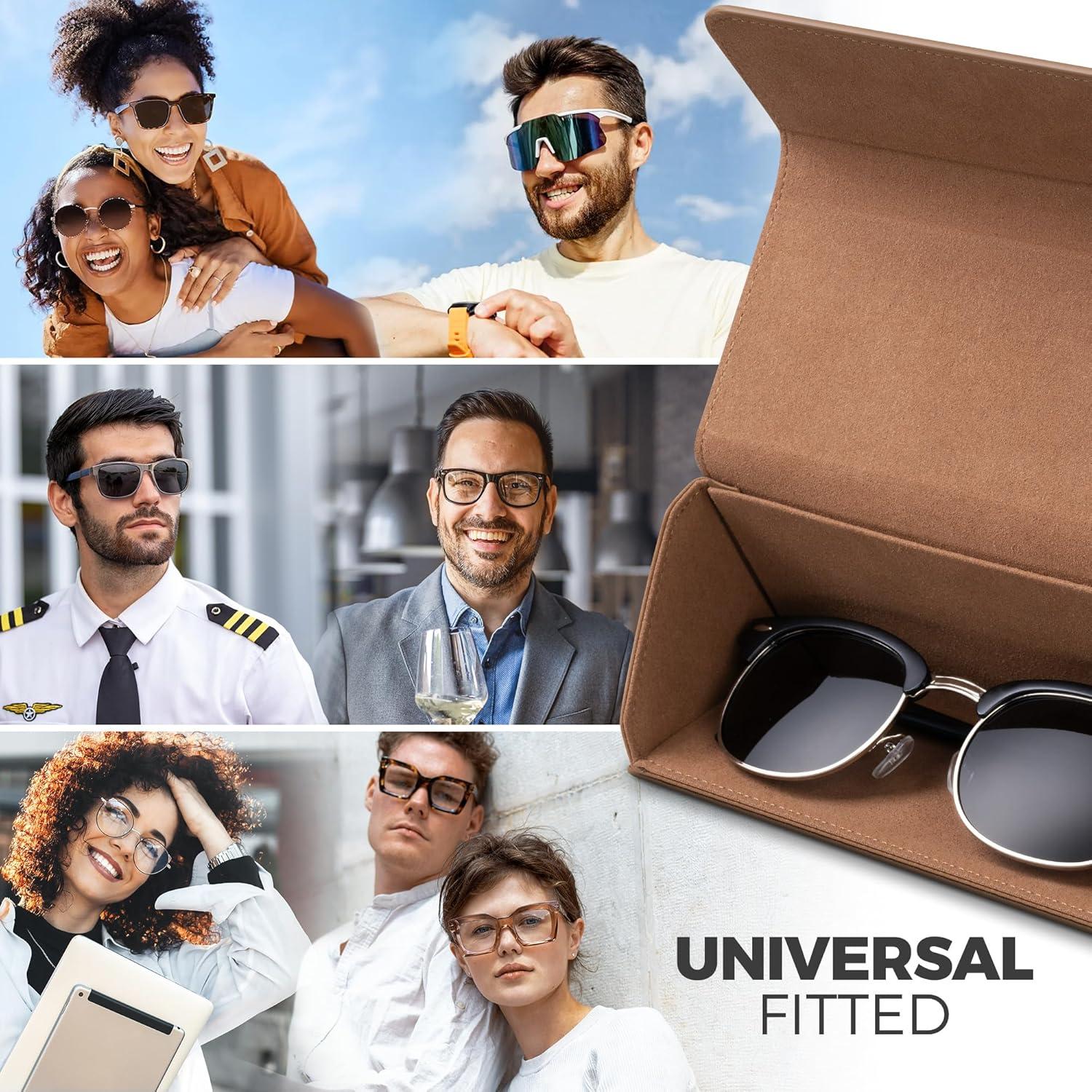 image:imageVULKIT Glasses Case Foldable amp Portable Design Leather Hard Shell Folding Eyeglass Holder for Mens WomensBrown