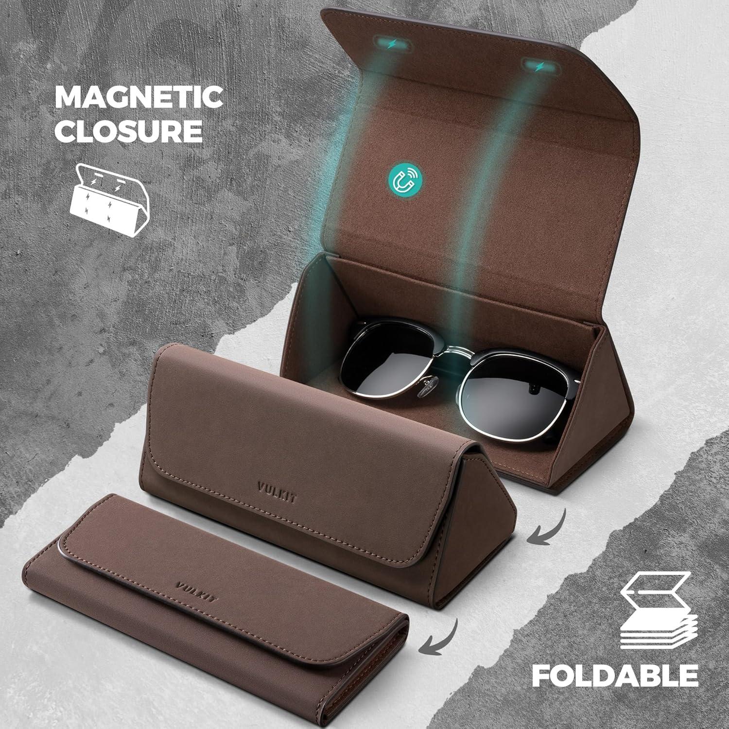 image:imageVULKIT Glasses Case Foldable amp Portable Design Leather Hard Shell Folding Eyeglass Holder for Mens WomensEspresso