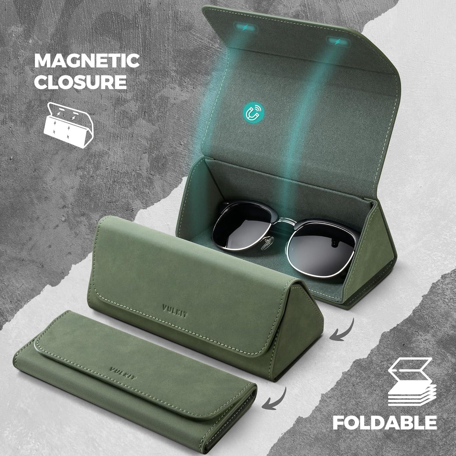 image:imageVULKIT Glasses Case Foldable amp Portable Design Leather Hard Shell Folding Eyeglass Holder for Mens WomensGreen