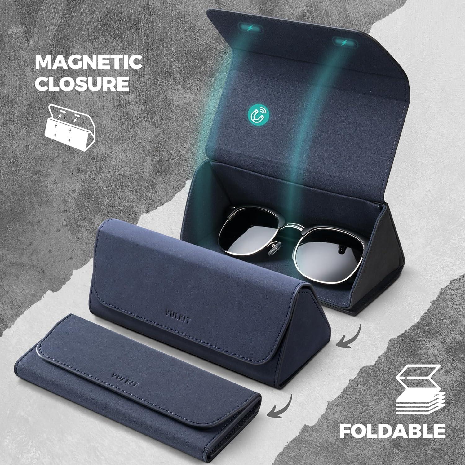 image:imageVULKIT Glasses Case Foldable amp Portable Design Leather Hard Shell Folding Eyeglass Holder for Mens WomensNavy