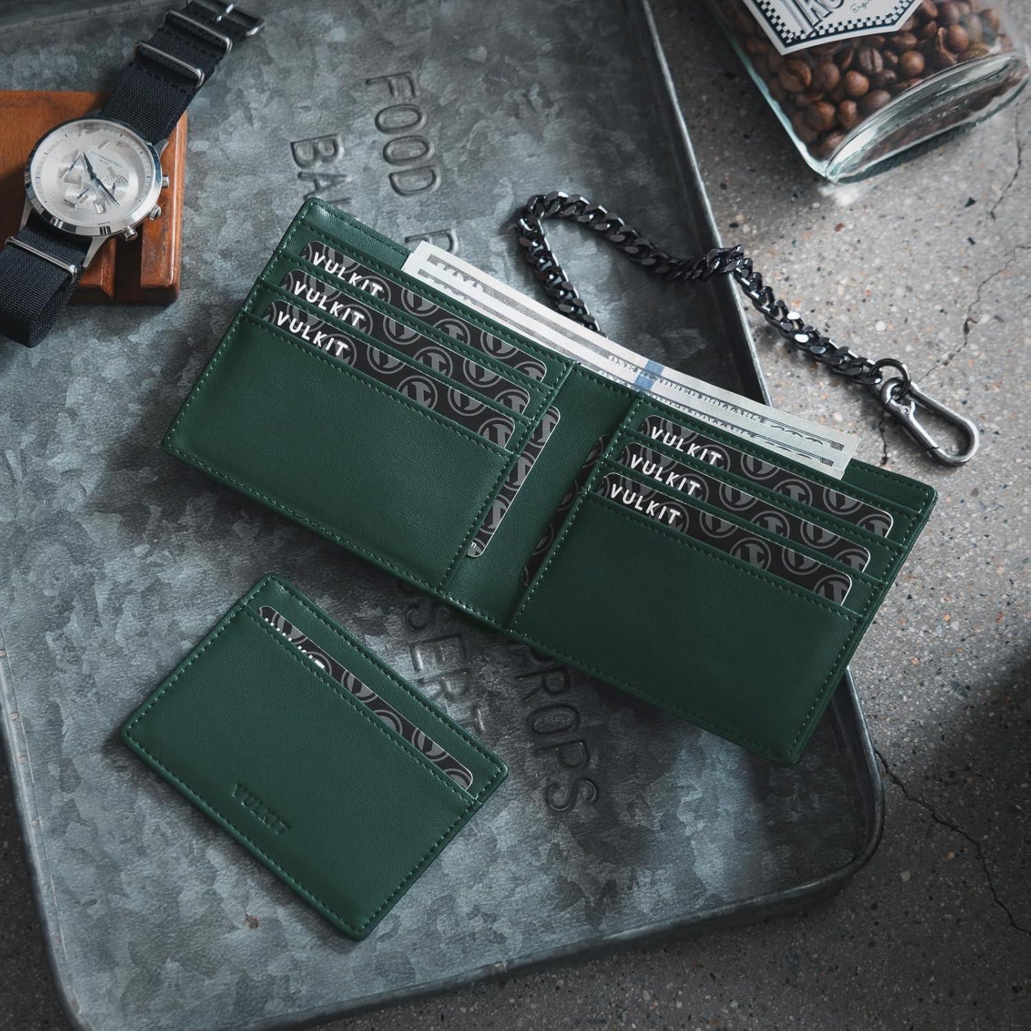 image:imageVULKIT Mens Chain Wallet PU Leather Bifold Biker Wallet with Chain Removable ID Holder AntiTheft Short Wallet Forest AlloyForest Alloy