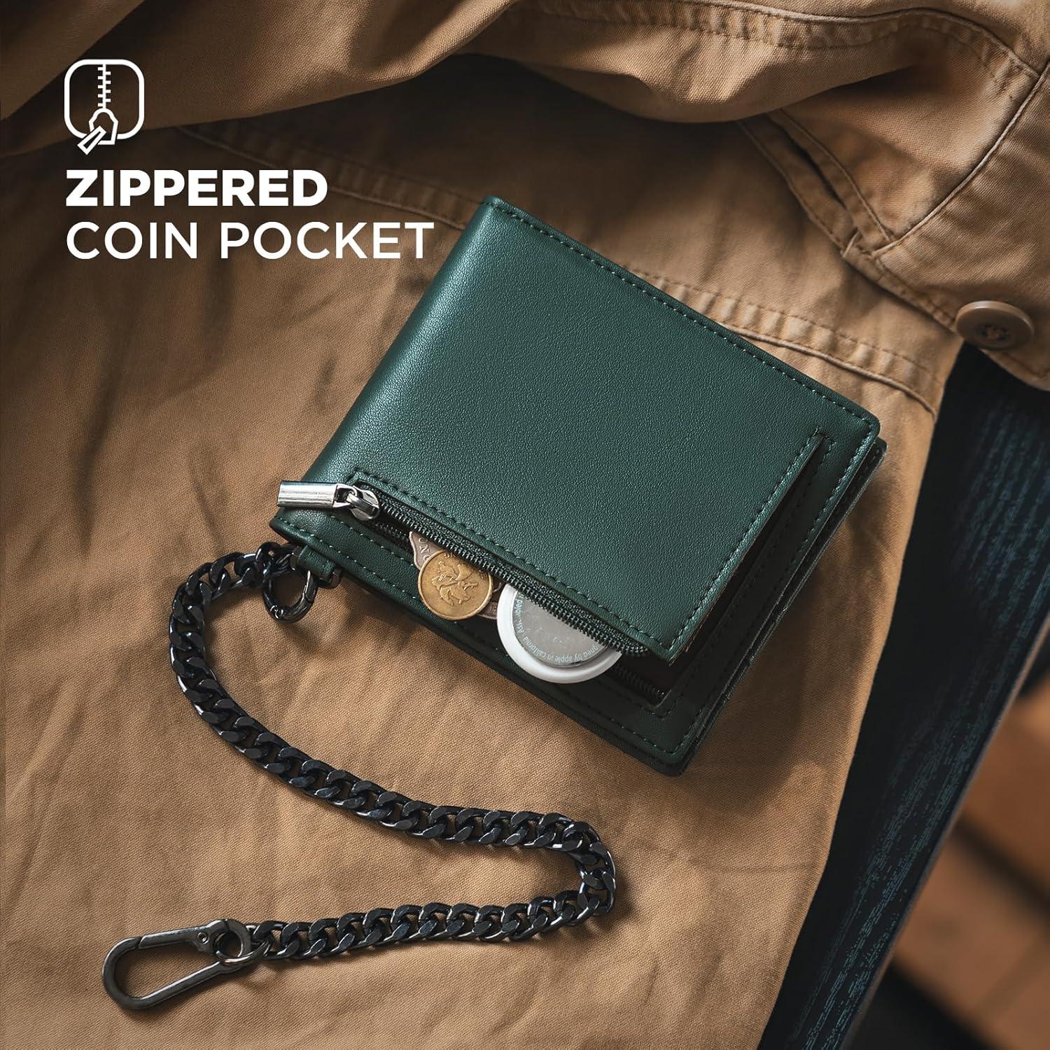 image:imageVULKIT Mens Chain Wallet PU Leather Bifold Biker Wallet with Chain Removable ID Holder AntiTheft Short Wallet Forest AlloyForest Alloy