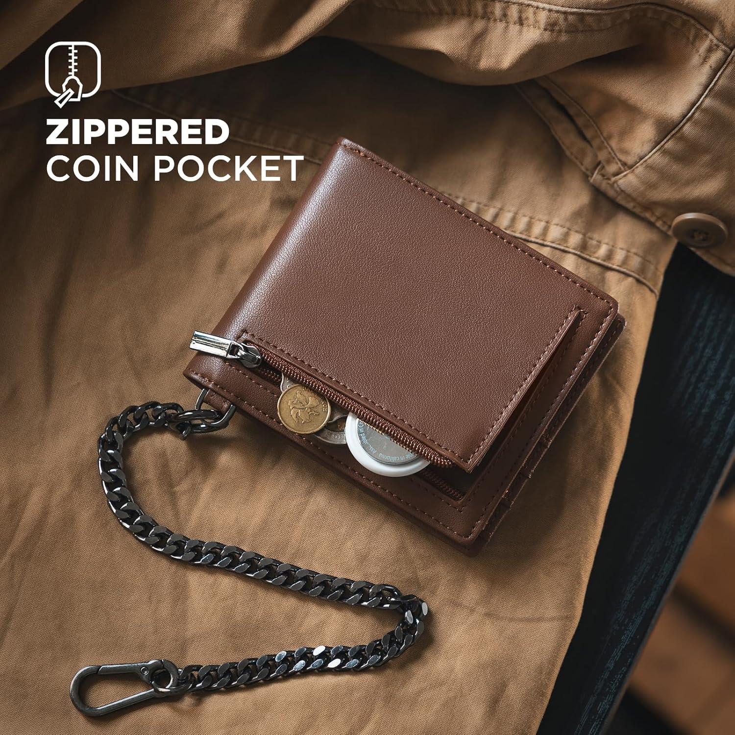 image:imageVULKIT Mens Chain Wallet PU Leather Bifold Biker Wallet with Chain Removable ID Holder AntiTheft Short Wallet Forest AlloyModern Cognac