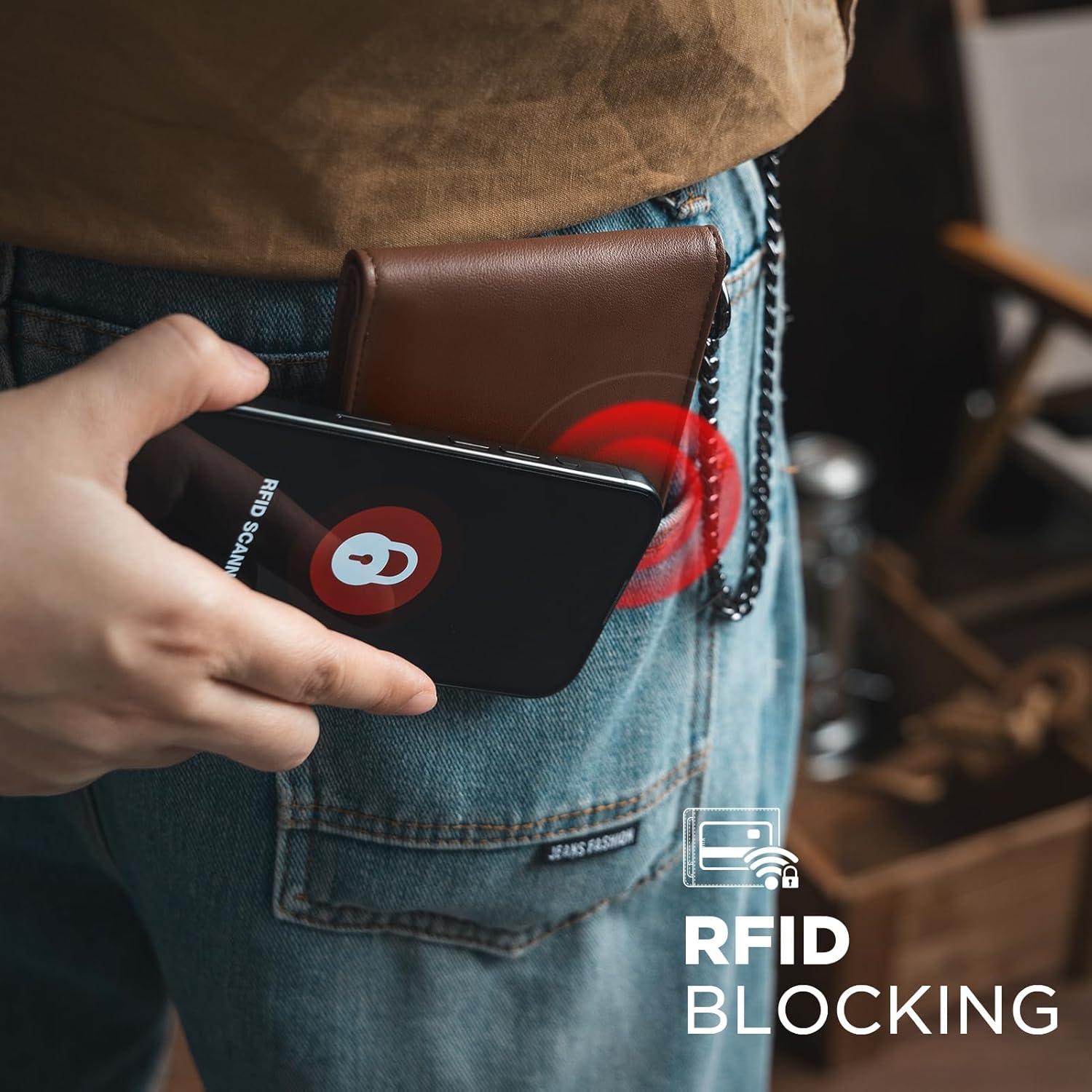 image:imageVULKIT Mens Chain Wallet PU Leather Bifold Biker Wallet with Chain Removable ID Holder AntiTheft Short Wallet Forest AlloyModern Cognac