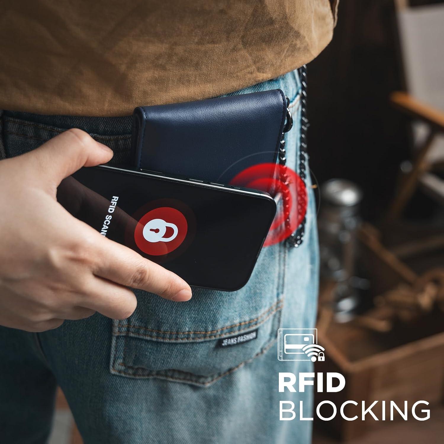image:imageVULKIT Mens Chain Wallet PU Leather Bifold Biker Wallet with Chain Removable ID Holder AntiTheft Short Wallet Forest AlloyNavy Eclipse