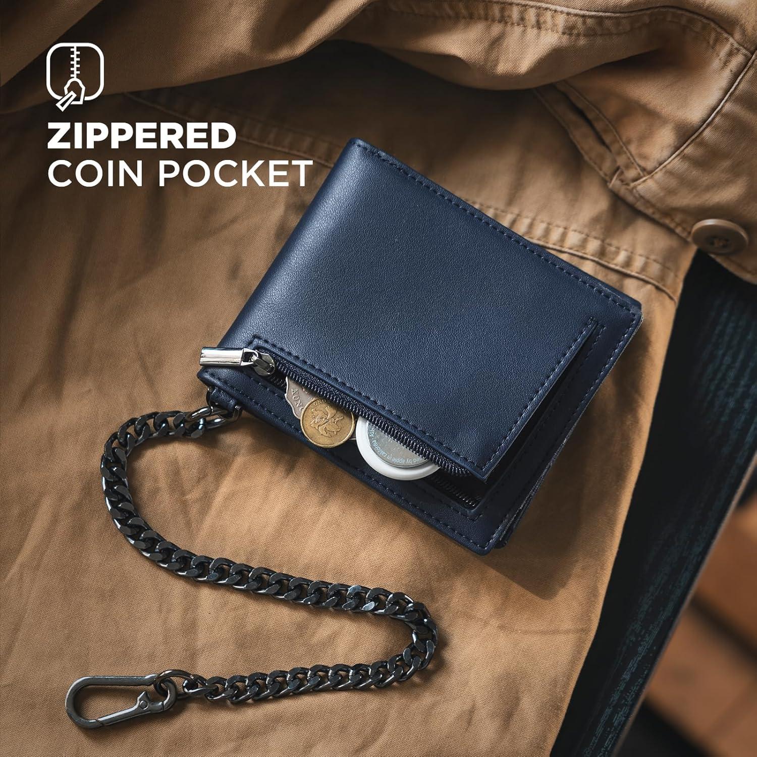 image:imageVULKIT Mens Chain Wallet PU Leather Bifold Biker Wallet with Chain Removable ID Holder AntiTheft Short Wallet Forest AlloyNavy Eclipse