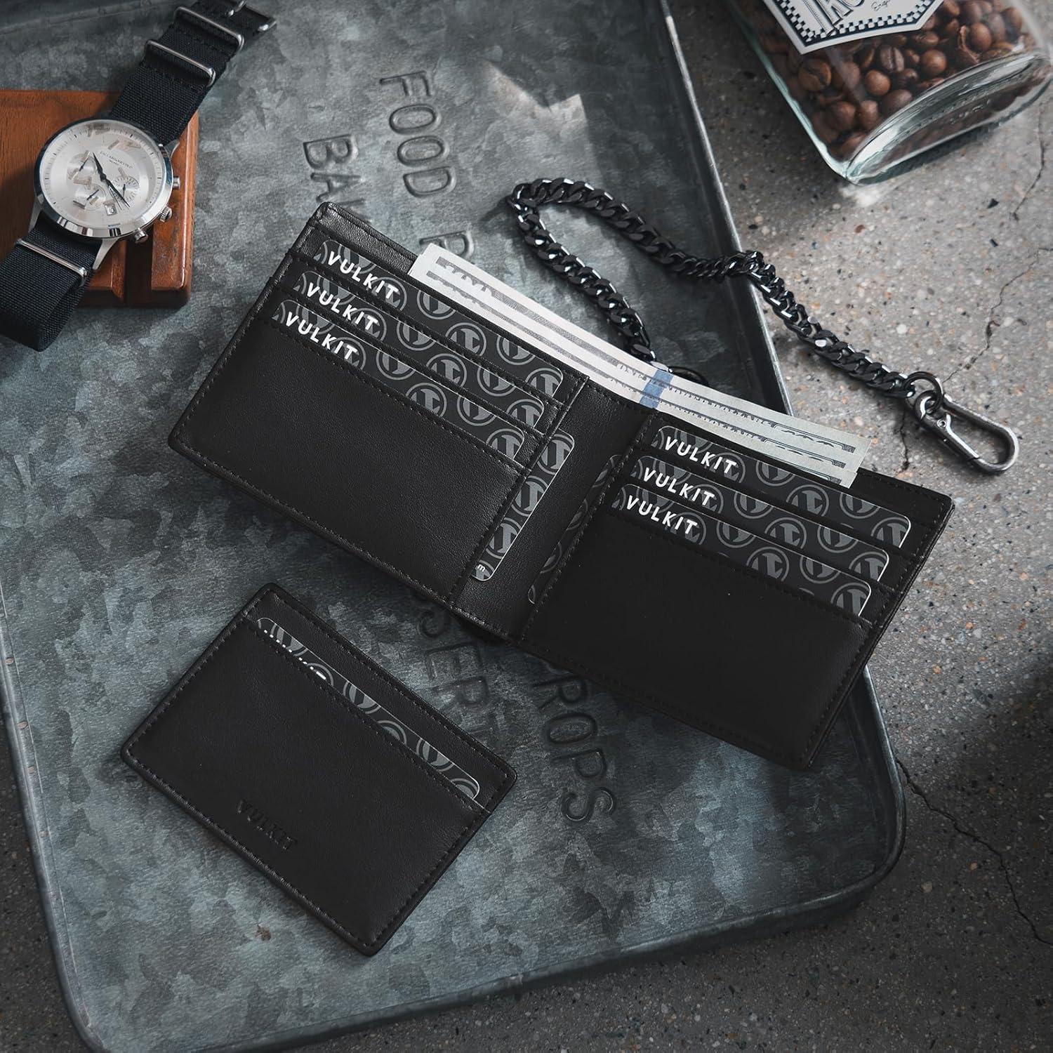 image:imageVULKIT Mens Chain Wallet PU Leather Bifold Biker Wallet with Chain Removable ID Holder AntiTheft Short Wallet Forest AlloyUrban Black