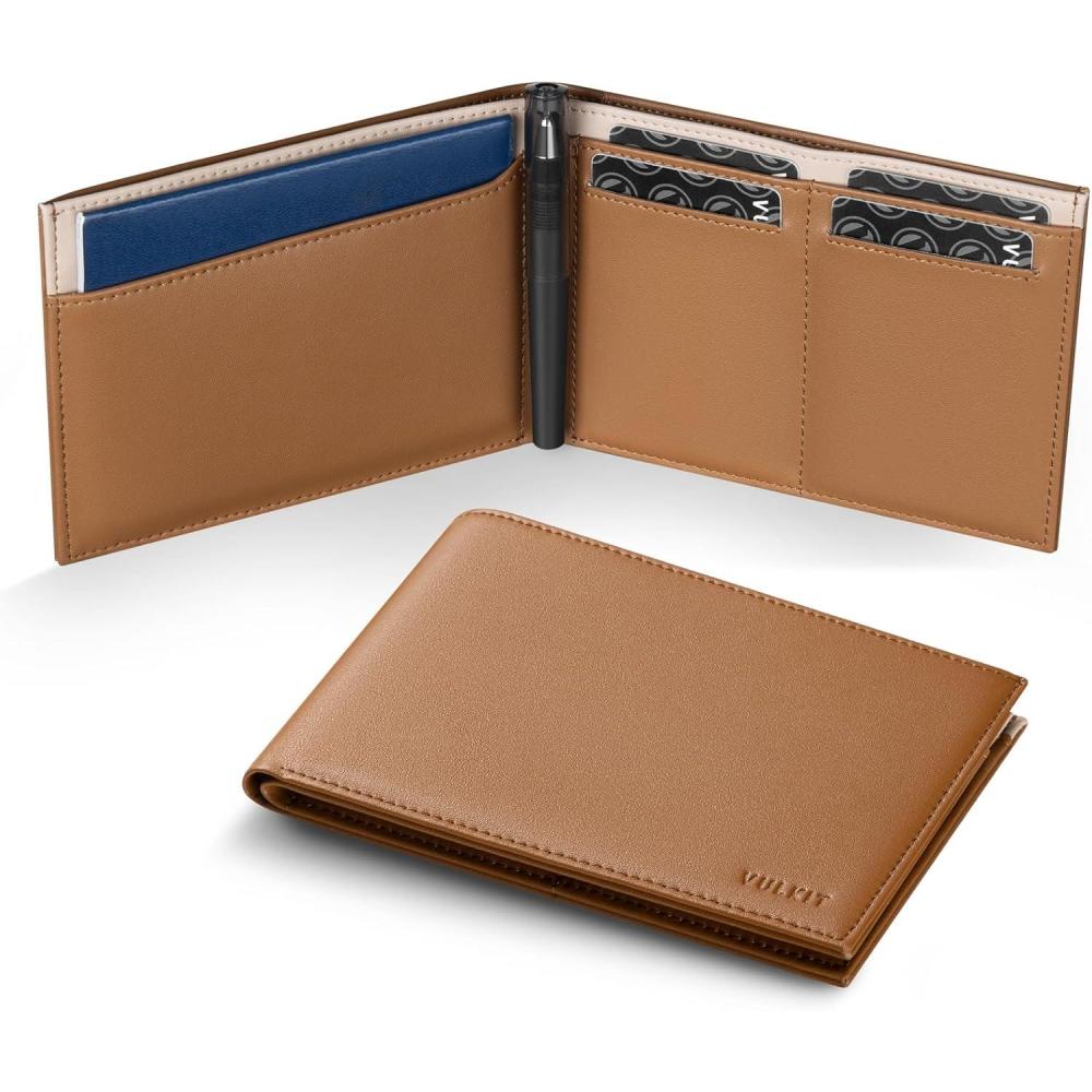 image:imageVULKIT Bilfold Passport Holder Leather RFID Blocking Passport Wallet with Hidden Pocket Slim Travel Documents Organizer for Men or Women Passport Card Cash Coin SIM Card TicketBrownBeige