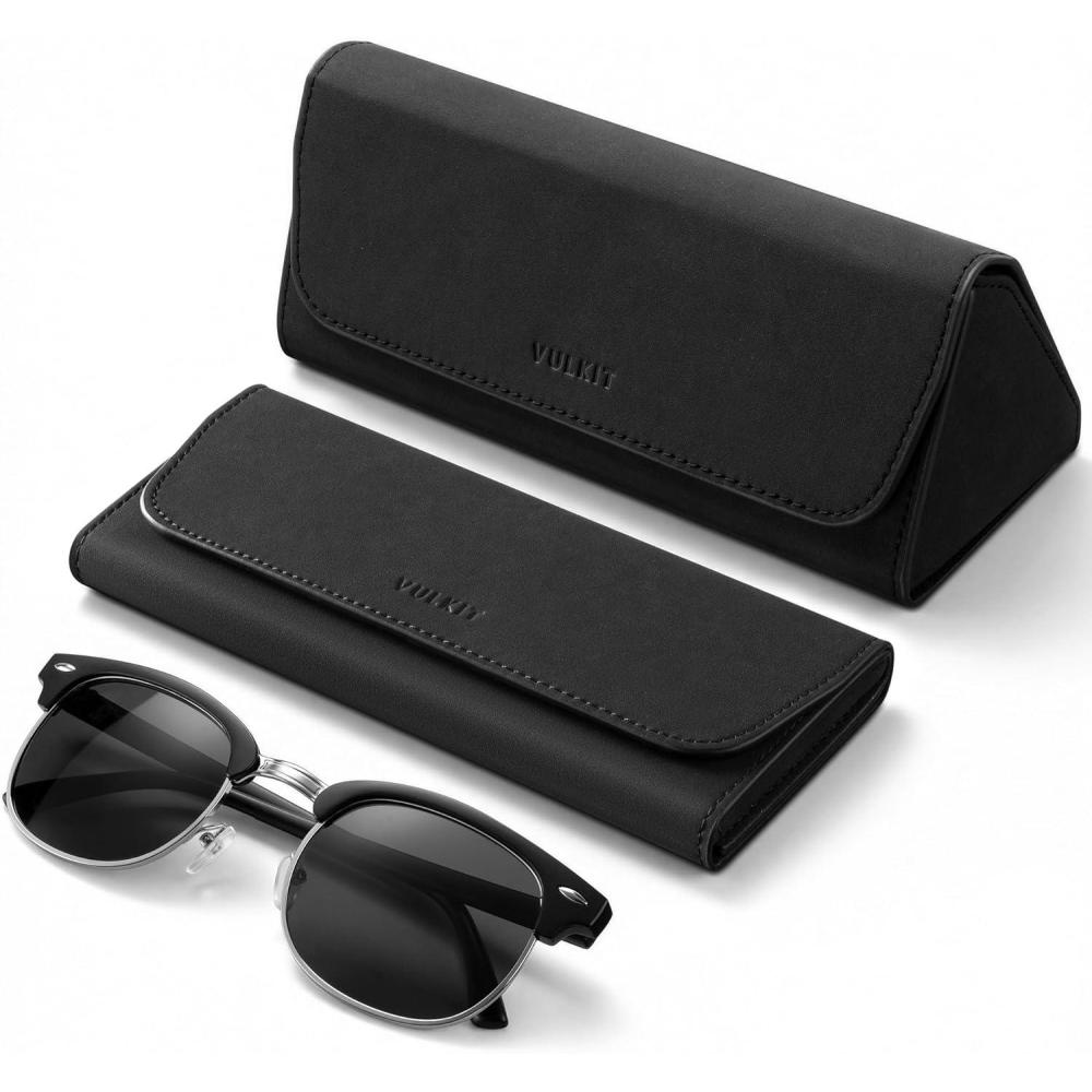image:imageVULKIT Glasses Case Foldable amp Portable Design Leather Hard Shell Folding Eyeglass Holder for Mens WomensBlack