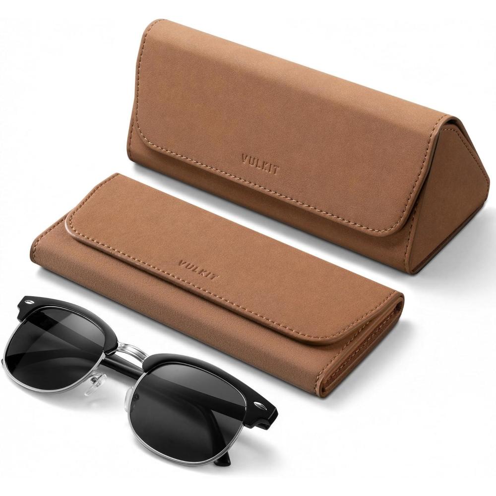 image:imageVULKIT Glasses Case Foldable amp Portable Design Leather Hard Shell Folding Eyeglass Holder for Mens WomensBrown