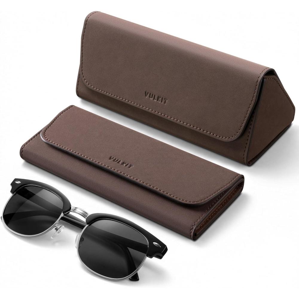 image:imageVULKIT Glasses Case Foldable amp Portable Design Leather Hard Shell Folding Eyeglass Holder for Mens WomensEspresso