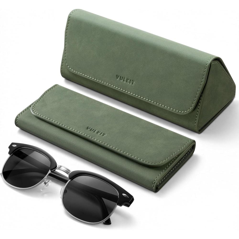 image:imageVULKIT Glasses Case Foldable amp Portable Design Leather Hard Shell Folding Eyeglass Holder for Mens WomensGreen