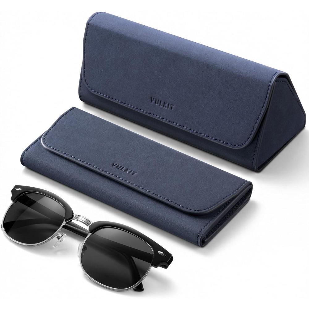 image:imageVULKIT Glasses Case Foldable amp Portable Design Leather Hard Shell Folding Eyeglass Holder for Mens WomensNavy