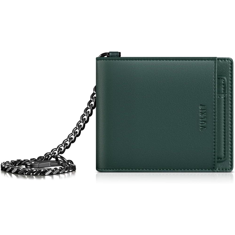image:imageVULKIT Mens Chain Wallet PU Leather Bifold Biker Wallet with Chain Removable ID Holder AntiTheft Short Wallet Forest AlloyForest Alloy